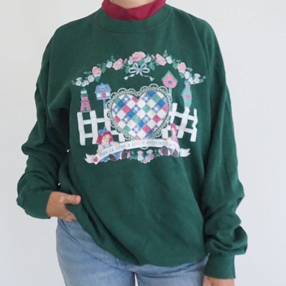 Vintage Endless Designs Green Floral Birdhouse Heart Wreath Sweatshirt XL